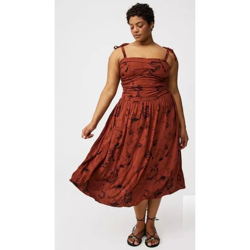Torrid Rust Orange Floral Ruched Smocked Midi Dress Pockets Plus Size 0 L 12
